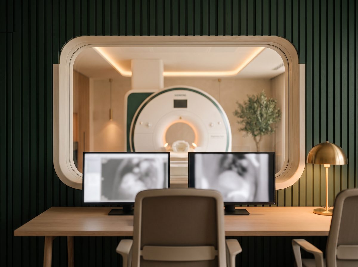 An MRI control room: two monitors and a brass lamp on a timber desk, looking through a rounded window to the scanner.