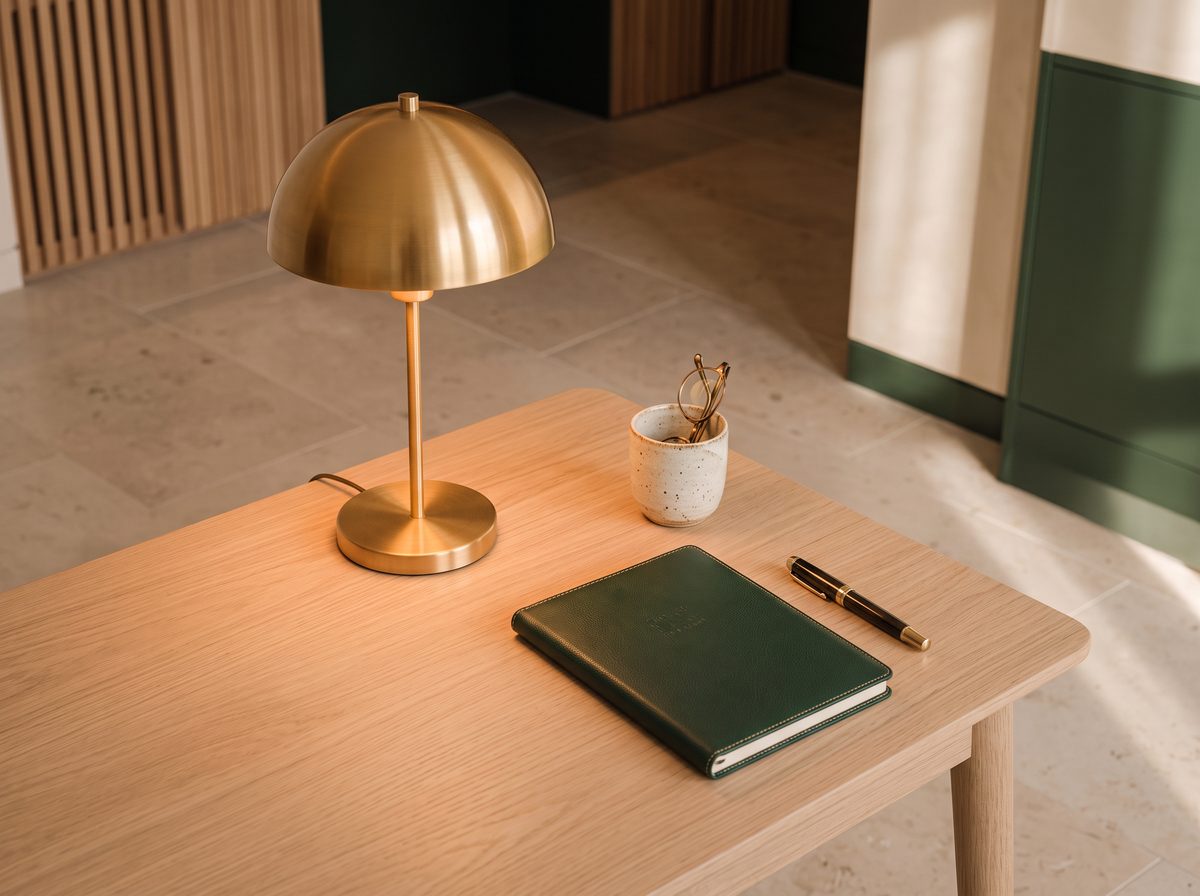 A timber consulting desk in morning light with a brass lamp, a green notebook, a fountain pen and reading glasses in a cup.