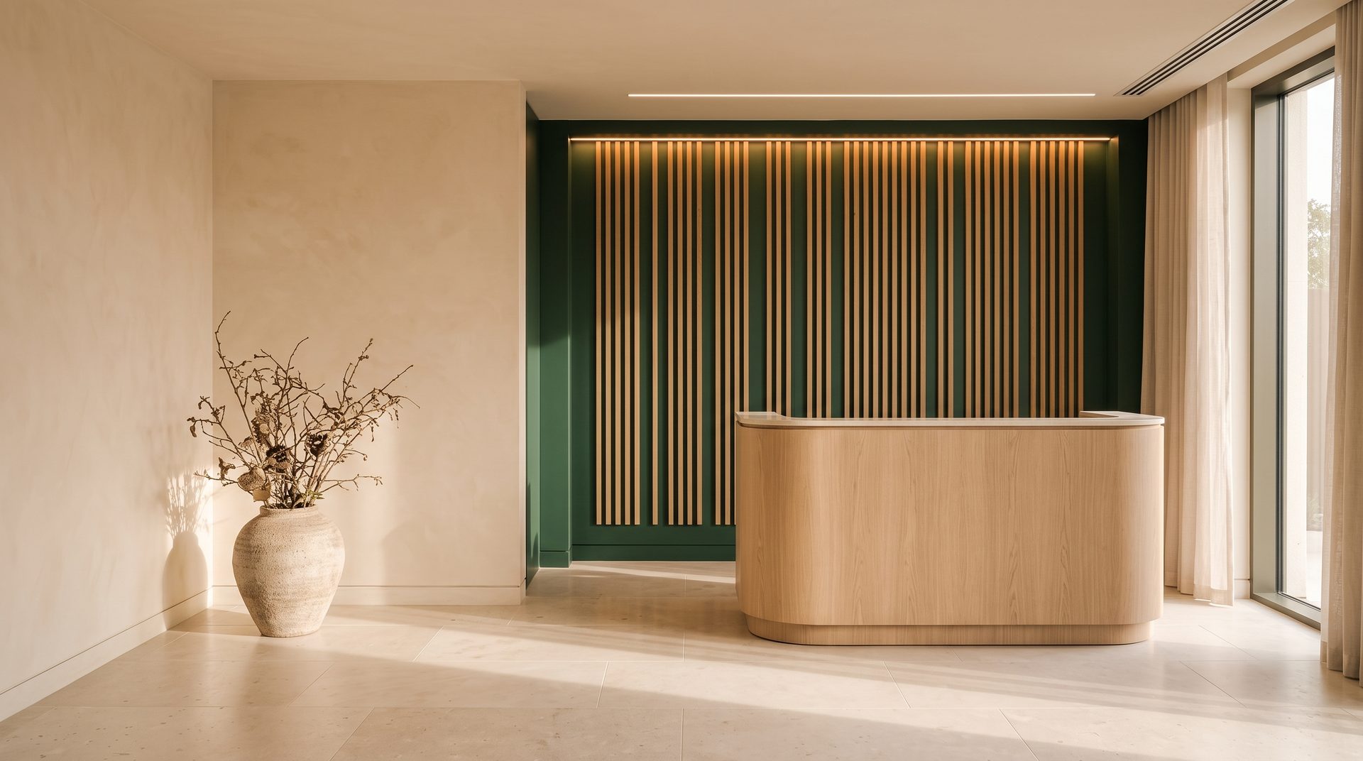 A practice reception desk in pale timber against a fluted deep green wall, with a tall vase of dried branches in the corner.